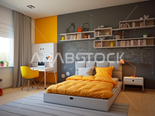  غرف ذات تصميم عصري وفخم، تصاميم وديكورات داخلية  لغرفة نوم مريحة باللون الرمادي والأصفر ، مفهوم الراحة والأسترخاء، إكسسوارات وتحف وأثاث منزلي راقي،  فلل وشقق سكنية في المملكة العربية السعودية، سرير مريح بألوان هادئة، مكتب صغير أنيق