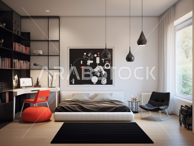  غرف ذات تصميم عصري وفخم، تصاميم وديكورات داخلية  لغرفة نوم مريحة باللون الأسود والأبيض، مفهوم الراحة والأسترخاء، إكسسوارات وتحف وأثاث منزلي راقي،  فلل وشقق سكنية في المملكة العربية السعودية، سرير مريح بألوان هادئة، مكتب صغير أنيق