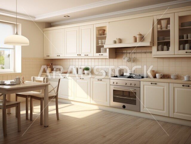 الديكورات العصرية للمطابخ الفاخرة في المملكة العربية السعودية ،تصميم داخلي لمطبخ على الطراز الحديث باللون البيج ،أثاث منزلي راقي ،شقق وفلل سكنية مميزة ،الأدوات والأواني المنزلية 