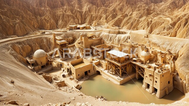 Authentic Arab gold mines, exploration areas for underground resources, heavy equipment and machinery, drilling and mining operations, factories and plants of the Kingdom of Saudi Arabia, renaissance of the Saudi national economy, tunneling and underground mines tools