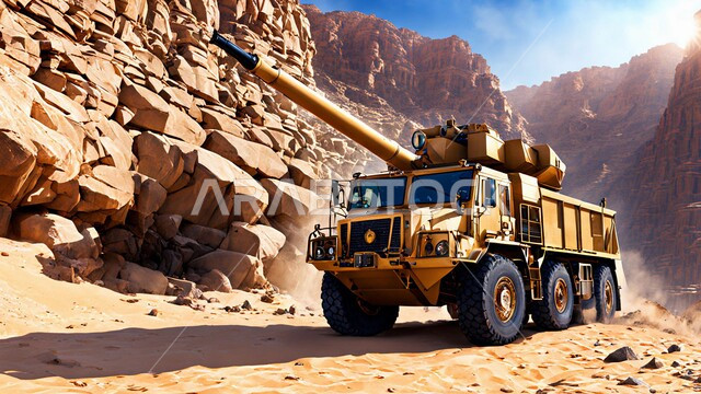 أماكن المناجم في المملكة العربية السعودية سيارة شحن كبيرة تقوم بالعمل في موقع التعدين، مناطق التنقيب عن الثروات الباطنية، الطبيعة الصخرية وتضاريس السلاسل الجبلية، التخلص من الأتربة والصخور ونقلها بعيدا