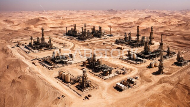 Engineering and urban development of oil refineries in the Kingdom of Saudi Arabia, oil refinery on soft golden sands, harsh and dry climate, adoption of modern techniques and technology in oil and gas production, petrochemical industries and projects, huge and modern tools and equipment
