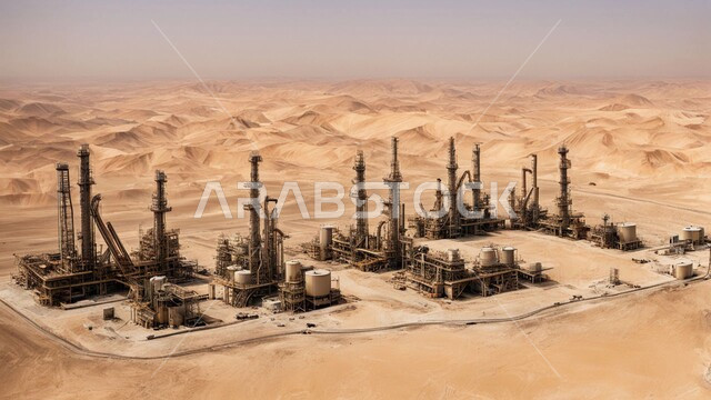 التطور الهندسي والعمراني لمصافي البترول في المملكة العربية السعودية، مصفاة نفط على الرمال الذهبية الناعمة، مناخ قاسي وجاف، اعتماد التقنيات والتكنولوجيا الحديثة في إنتاجية النفط والغاز، صناعات ومشاريع بيتروكيماوية، ادوات ومعدات ضخمة وحديثة