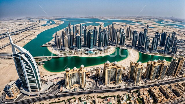 بناء مستقبل حضاري متطور في دبي، مفهوم تطوير وتحسين البنية التحتية، منظر تخيلي للتقدم والنمو العمراني في وقت النهار، التصاميم والفنون المعمارية الحديثة للأبراج وناطحات السحاب في الامارات العربية المتحدة،  المباني والمنشآت التجارية الشاهقة