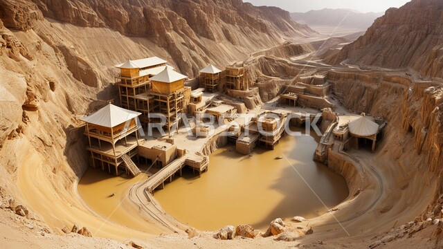 Authentic Arab gold mines, exploration areas for underground resources, heavy equipment and machinery, drilling and mining operations, factories and plants of the Kingdom of Saudi Arabia, renaissance of the Saudi national economy, tunneling and underground mines tools