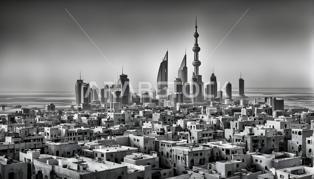 التصاميم والفنون المعمارية الحديثة للأبراج وناطحات السحاب في الامارات العربية المتحدة، منظر تخيلي للتقدم والنمو العمراني، صورة بالأبيض والأسود للمباني السكنية والمنشآت التجارية الشاهقة،  مفهوم تطوير وتحسين البنية التحتية، بناء مستقبل حضاري متطور في دبي