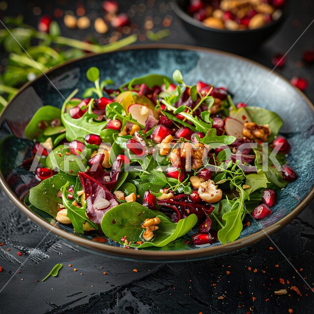 أطباق المقبلات العربية الباردة والمأكولات الشرقية، وجبات طعام صحية ومفيدة، أطعمة غنية بالفيتامينات، صورة مقربة لطبق من سلطة الرمان مع اللوز والخضار الطازجة، حمية غذائية للمحافظة على اللياقة البدنية