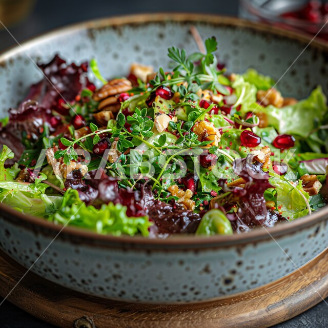 أطباق المقبلات العربية الباردة والمأكولات الشرقية، وجبات طعام صحية ومفيدة، أطعمة غنية بالفيتامينات، صورة مقربة لطبق من سلطة الرمان مع اللوز والخضار الطازجة، حمية غذائية للمحافظة على اللياقة البدنية