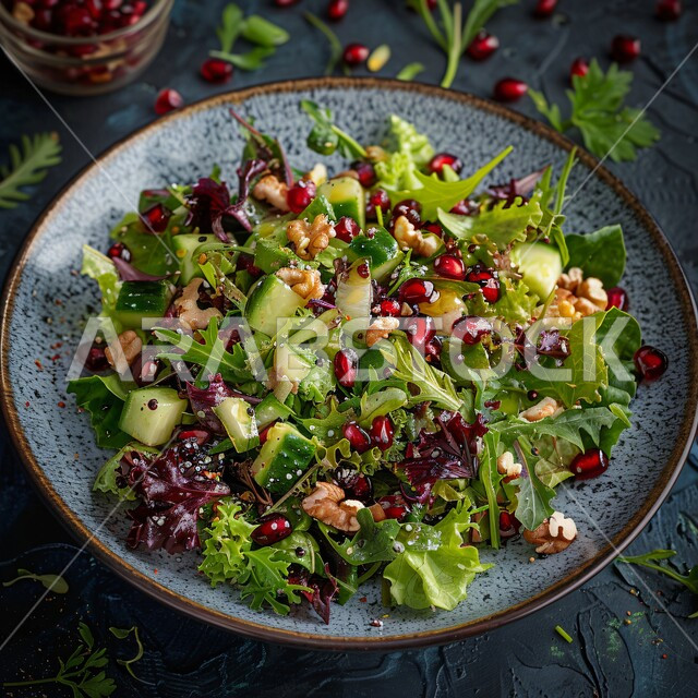 Cold Arabic appetizers and oriental dishes, healthy and useful meals, foods rich in vitamins, close-up of a plate of pomegranate salad with almonds and fresh vegetables, a diet to maintain physical fitness
