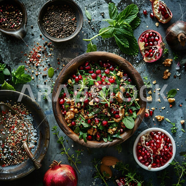 أطباق المقبلات العربية الباردة والمأكولات الشرقية، وجبات طعام صحية ومفيدة، أطعمة غنية بالفيتامينات، صورة من الاعلى لطبق من سلطة الرمان مع اللوز والخضار الطازجة، حمية غذائية للمحافظة على اللياقة البدنية