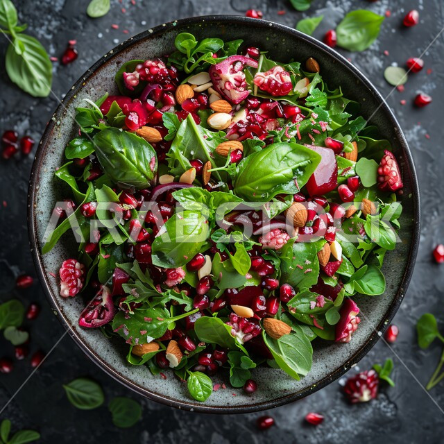 أطباق المقبلات العربية الباردة والمأكولات الشرقية، وجبات طعام صحية ومفيدة، أطعمة غنية بالفيتامينات، صورة مقربة لطبق من سلطة الرمان مع اللوز والخضار الطازجة، حمية غذائية للمحافظة على اللياقة البدنية