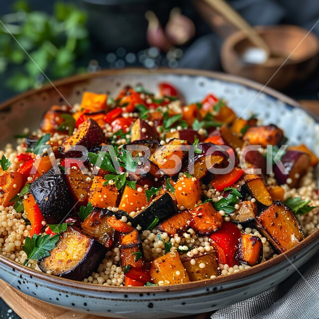 أطباق المقبلات العربية الباردة والمأكولات الشرقية، حمية غذائية للمحافظة على اللياقة البدنية، وجبات طعام صحية ومفيدة، أطعمة غنية بالفيتامينات، صورة مقربة لسلطة الكسكس الملونة مع الخضار المشوية، فنون تقديم الطعام في مطابخ المملكة العربية السعودية