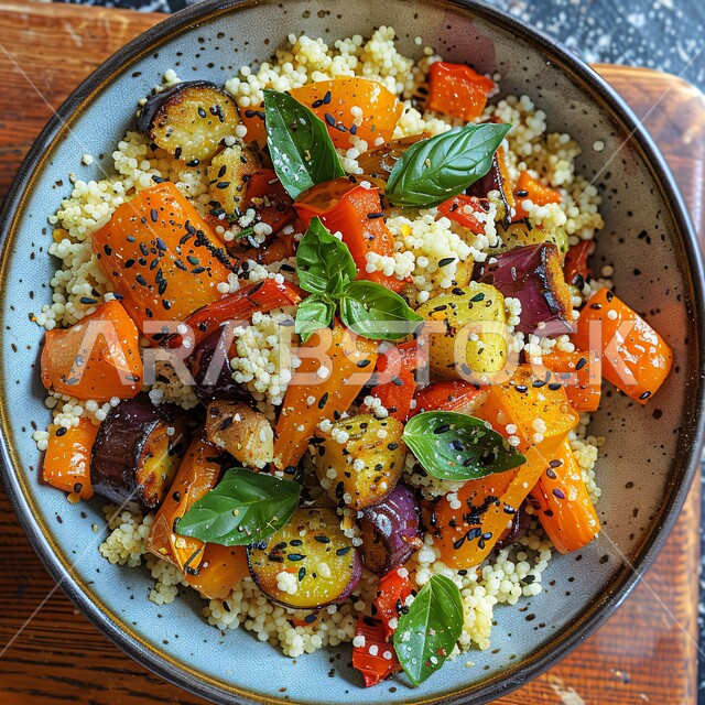 أطباق المقبلات العربية الباردة والمأكولات الشرقية، حمية غذائية للمحافظة على اللياقة البدنية، وجبات طعام صحية ومفيدة، أطعمة غنية بالفيتامينات، صورة مقربة لسلطة الكسكس الملونة مع الخضار المشوية، فنون تقديم الطعام في مطابخ المملكة العربية السعودية