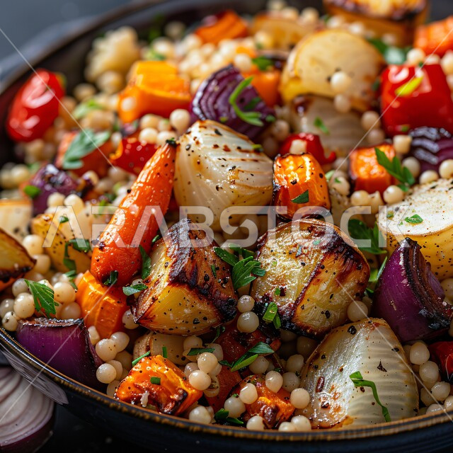 Cold Arabic appetizers and oriental dishes, a diet to maintain physical fitness, healthy and useful meals, foods rich in vitamins, a close-up of a colorful couscous salad with grilled vegetables, the art of food presentation in the kitchens of the Kingdom of Saudi Arabia