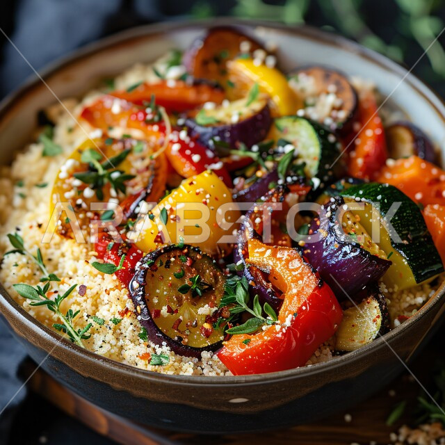 أطباق المقبلات العربية الباردة والمأكولات الشرقية، حمية غذائية للمحافظة على اللياقة البدنية، وجبات طعام صحية ومفيدة، أطعمة غنية بالفيتامينات، صورة مقربة لسلطة الكسكس الملونة مع الخضار المشوية، فنون تقديم الطعام في مطابخ المملكة العربية السعودية