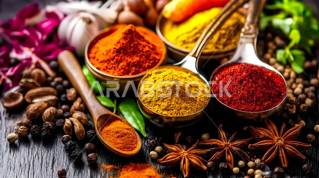 منظر لعرض التوابل الملونة والمتنوعة في ملاعق، منكهات وملونات طبيعية للمأكولات والأطعمة, نباتات ذات فوائد صحية وعلاجية، منتجات ومحاصيل زراعية وطنية محلية سعودية، الاسواق التقليدية الشعبية لبيع البهارات والعطريات