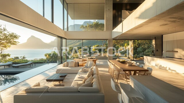  غرفة معيشة حديثة مع نافذة كبيرة تطل على المحيط بتصميم معاصر حديث ، ديكورات منازل داخليه ، أثاث منزلي فاخر، تصاميم عصرية راقيه، شقق وفلل سكنية ، فنادق ومنتجعات في المملكة العربية السعودية 