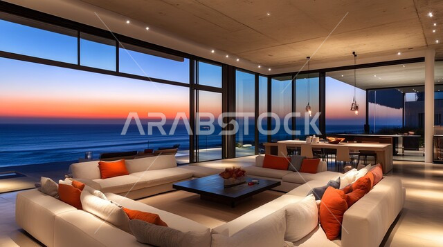 غرفة معيشة حديثة مع نافذة كبيرة تطل على المحيط بتصميم معاصر حديث ، ديكورات منازل داخليه ، أثاث منزلي فاخر، تصاميم عصرية راقيه، شقق وفلل سكنية ، فنادق ومنتجعات في المملكة العربية السعودية 