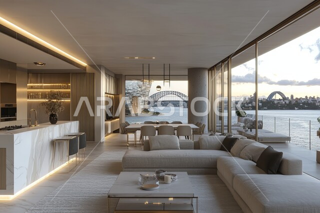  غرفة معيشة حديثة مع نافذة كبيرة تطل على المحيط بتصميم معاصر حديث ، ديكورات منازل داخليه ، أثاث منزلي فاخر، تصاميم عصرية راقيه، شقق وفلل سكنية ، فنادق ومنتجعات في المملكة العربية السعودية 