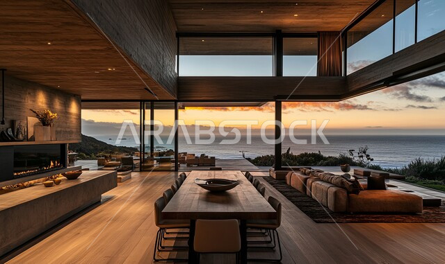  غرفة معيشة حديثة مع نافذة كبيرة تطل على المحيط بتصميم معاصر حديث ، ديكورات منازل داخليه ، أثاث منزلي فاخر، تصاميم عصرية راقيه، شقق وفلل سكنية ، فنادق ومنتجعات في المملكة العربية السعودية 