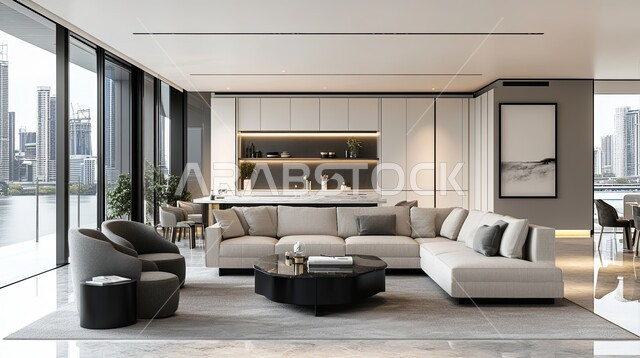  غرفة معيشة حديثة مع نافذة كبيرة تطل على المحيط بتصميم معاصر حديث ، ديكورات منازل داخليه ، أثاث منزلي فاخر، تصاميم عصرية راقيه، شقق وفلل سكنية ، فنادق ومنتجعات في المملكة العربية السعودية 