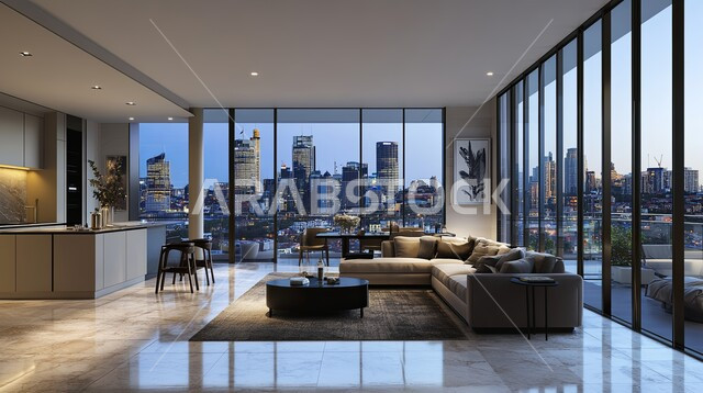  غرفة معيشة حديثة مع نافذة كبيرة تطل على المحيط بتصميم معاصر حديث ، ديكورات منازل داخليه ، أثاث منزلي فاخر، تصاميم عصرية راقيه، شقق وفلل سكنية ، فنادق ومنتجعات في المملكة العربية السعودية 