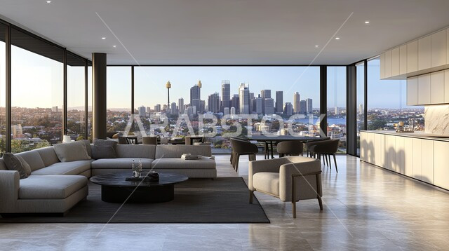  غرفة معيشة حديثة مع نافذة كبيرة تطل على المحيط بتصميم معاصر حديث ، ديكورات منازل داخليه ، أثاث منزلي فاخر، تصاميم عصرية راقيه، شقق وفلل سكنية ، فنادق ومنتجعات في المملكة العربية السعودية 