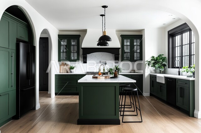 استخدام الطراز الفني العصري في الأثاث المنزلي, مطبخ بديكورات داخلية فاخرة، فنون الهندسة المعمارية المتميزة الحديثة، شقق وفلل سكنية في المملكة العربية  السعودية