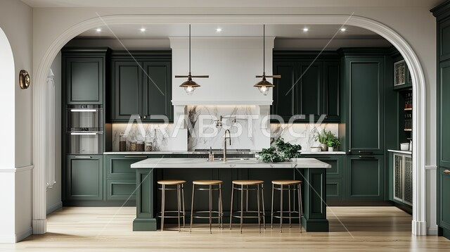 استخدام الطراز الفني العصري في الأثاث المنزلي, مطبخ بديكورات داخلية فاخرة، فنون الهندسة المعمارية المتميزة الحديثة، شقق وفلل سكنية في المملكة العربية  السعودية