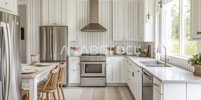 استخدام الطراز الفني العصري في الأثاث المنزلي, مطبخ بديكورات داخلية فاخرة، فنون الهندسة المعمارية المتميزة الحديثة، شقق وفلل سكنية في المملكة العربية  السعودية