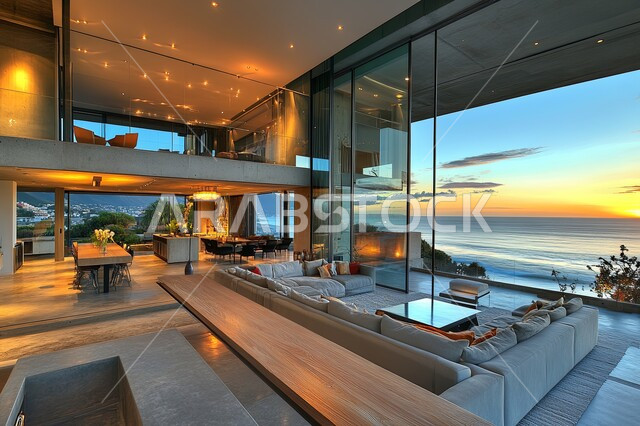 Interior home decor, modern living room with large ocean view window in modern contemporary design, luxury home furniture, high-end contemporary designs, residential apartments and villas, hotels and resorts in Saudi Arabia