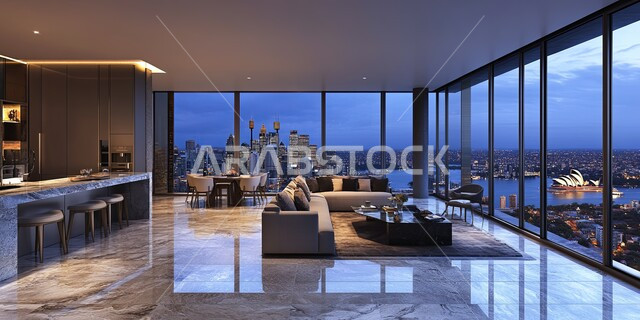  ديكورات منازل داخليه، غرفة معيشة حديثة مع نافذة كبيرة تطل على المحيط بتصميم معاصر حديث، أثاث منزلي فاخر، تصاميم عصرية راقيه، شقق وفلل سكنية ، فنادق ومنتجعات في المملكة العربية السعودية 