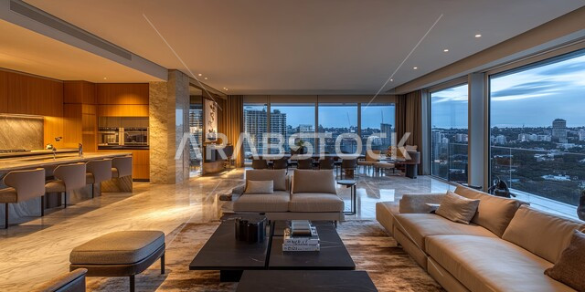  ديكورات منازل داخليه، غرفة معيشة حديثة مع نافذة كبيرة تطل على المحيط بتصميم معاصر حديث، أثاث منزلي فاخر، تصاميم عصرية راقيه، شقق وفلل سكنية ، فنادق ومنتجعات في المملكة العربية السعودية 