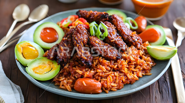 طبق من أرز البرياني المطهي على مائدة العشاء مع أجنحة الدجاج المزين بالخضراوات والصلصات، ماكولات عربية تقليدية, وصفات الطعام الصحية الشهية ,فنون تقديم الأطعمة الشرقية اللذيذة في مطاعم المملكة العربية السعودية