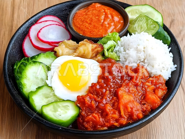 الأطعمة والمأكولات السريعة، طبق من الأرز والخضروات المقطعة المتنوعة مع الصلصة والبيض، فن تقديم وصفات الطعام المشبعة، وجبات صحية بطرائق شهية