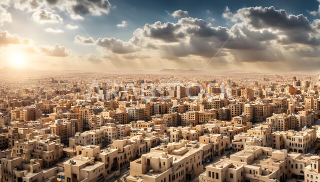 الحضارة والعراقة والتمسك بالتراث السعودي، الفن الهندسي المعماري لبناء المنشآت على الطراز القديم، صورة جودية للقرى القديمة في المملكة العربية السعودية، المباني والبيوت التاريخية القديمة المصنوعة من الطين، منظر السماء المليئة بالغيوم وقت الغروب