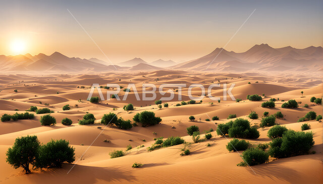 الكثبان والمرتفعات الرملية في الصحراء، الاعشاب في البيئة الجافة والمناطق الصحراوية الواسعة، نمو النباتات في براري المملكة العربية السعودية، منظر غروب الشمس على الرمال الذهبية الناعمة والكثبان الرملية