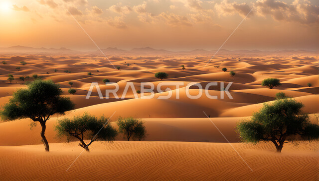 Growth of plants in the prairies of the Kingdom of Saudi Arabia, sunset view on soft golden sand and sand dunes, sand dunes and hills in the desert, trees in the dry environment and vast desert areas