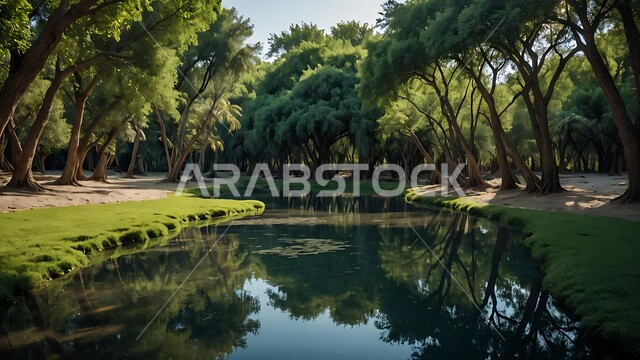  محصول التمر والرطب السعودي ، محميه طبيعيه لزراعة اشجار النخل في النهار، واحات ومزارع النخيل الخضراء في المملكة العربية السعودية، حقول واراضي زراعيه، منتج عربي محلي وطني