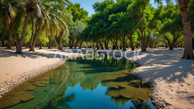  محصول التمر والرطب السعودي ، محميه طبيعيه لزراعة اشجار النخل في النهار، واحات ومزارع النخيل الخضراء في المملكة العربية السعودية، حقول واراضي زراعيه، منتج عربي محلي وطني