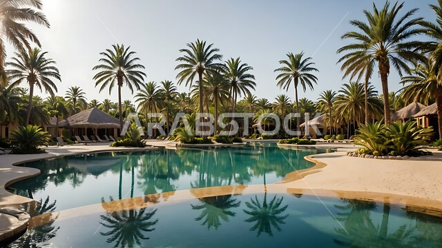  محصول التمر والرطب السعودي ، محميه طبيعيه لزراعة اشجار النخل في النهار، واحات ومزارع النخيل الخضراء في المملكة العربية السعودية، حقول واراضي زراعيه، منتج عربي محلي وطني