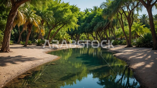  محصول التمر والرطب السعودي ، محميه طبيعيه لزراعة اشجار النخل في النهار، واحات ومزارع النخيل الخضراء في المملكة العربية السعودية، حقول واراضي زراعيه، منتج عربي محلي وطني