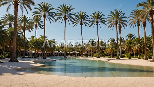  محصول التمر والرطب السعودي ، محميه طبيعيه لزراعة اشجار النخل في النهار، واحات ومزارع النخيل الخضراء في المملكة العربية السعودية، حقول واراضي زراعيه، منتج عربي محلي وطني