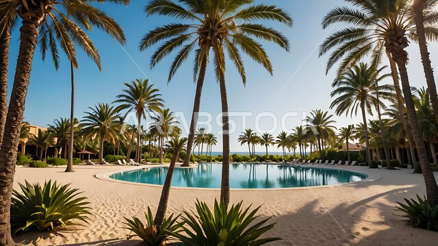  محصول التمر والرطب السعودي ، محميه طبيعيه لزراعة اشجار النخل في النهار، واحات ومزارع النخيل الخضراء في المملكة العربية السعودية، حقول واراضي زراعيه، منتج عربي محلي وطني