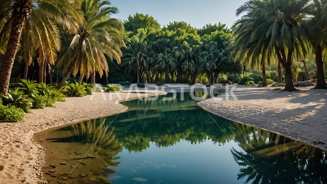 Saudi dates and fresh dates crop, a natural reserve for growing palm trees during the day, green palm oases and farms in the Kingdom of Saudi Arabia, agricultural fields and lands, a local Arab national product