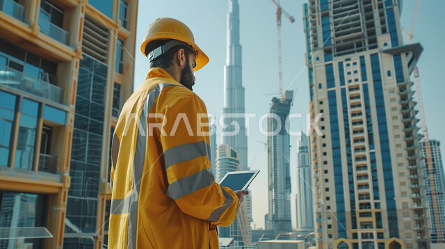 Development and growth of the engineering sector in the Kingdom, supervising projects on the work site, a picture of a young Saudi Arabian Gulf civil engineer wearing a protective jacket and helmet, Saudi engineering professions and jobs, drilling and construction machines at the construction site