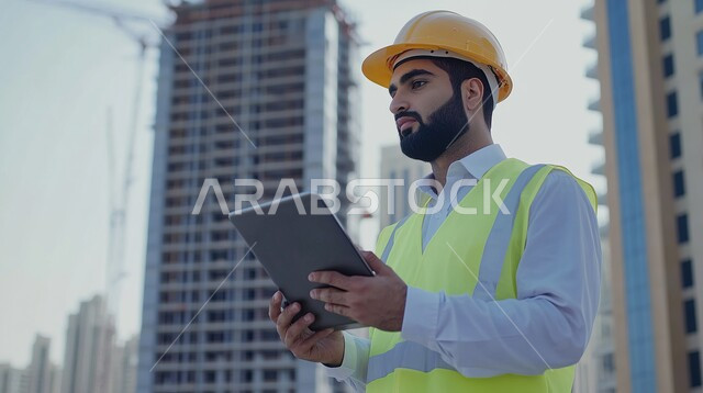 تطور ونمو القطاع الهندسي في المملكة، الاشراف على المشاريع في موقع العمل، صورة لمهندس مدني شاب عربي خليجي سعودي يرتدي سترة وخوذة الحماية، مهن ووظائف هندسية سعودية، الات الحفر والبناء في مقر الإنشاءات