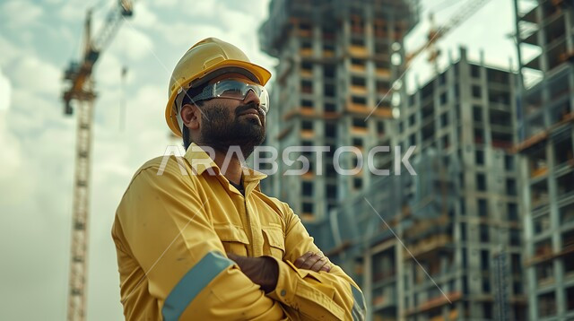 تطور ونمو القطاع الهندسي في المملكة، الاشراف على المشاريع في موقع العمل، صورة لمهندس مدني شاب عربي خليجي سعودي يرتدي سترة وخوذة الحماية، مهن ووظائف هندسية سعودية، الات الحفر والبناء في مقر الإنشاءات