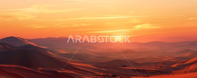 الرمال الذهبية الناعمة في الطبيعه الصحراوية, صورة بانورامية لمنظر غروب الشمس في صحراء المملكة العربية السعودية, التلال والهضاب الرملية, المناظر الطبيعيه في البيئة الصحراوية, خلفيه الطبيعه