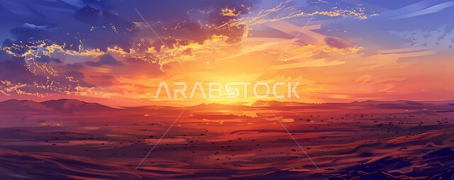 الرمال الذهبية الناعمة في الطبيعه الصحراوية, صورة بانورامية لمنظر غروب الشمس في صحراء المملكة العربية السعودية, التلال والهضاب الرملية, المناظر الطبيعيه في البيئة الصحراوية, خلفيه الطبيعه